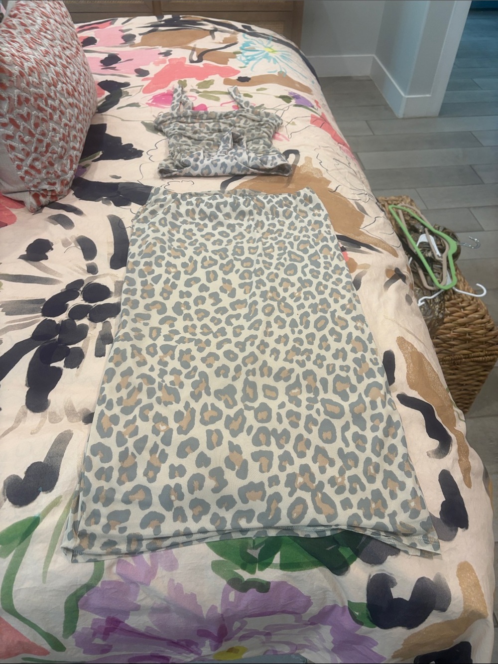 AFRM Beige and Gray Leopard-Print Midi Skirt and matching bodysuit. 2 piece Set